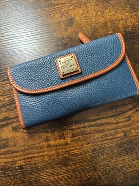 Dooney & Bourke Navy Pebbled Leather Continental Wallet with Brown Trim